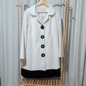 Women's Cream Pea Coat with Black Trim and Floral Buttons